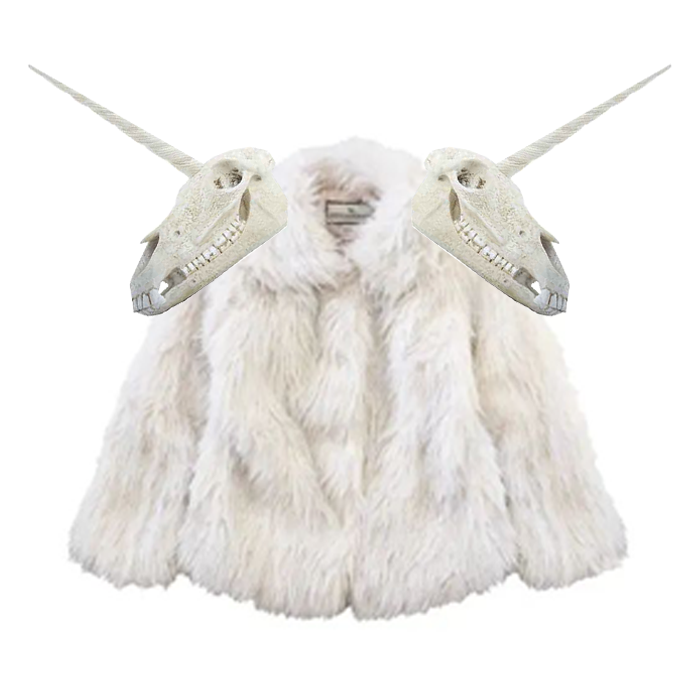 white fur unicorn skull coat